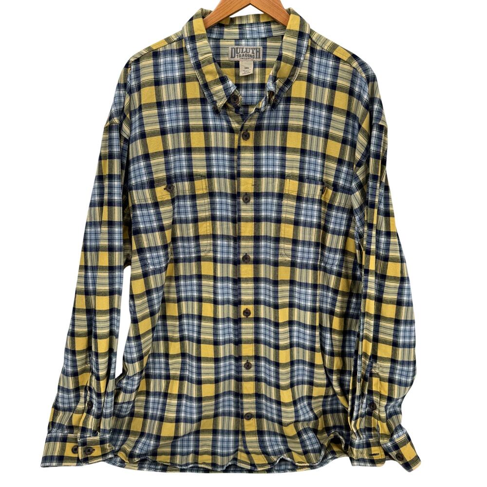 Duluth Trading Shirt Mens 3XL Flannel Yellow Blue Plaid Button Down Cotton